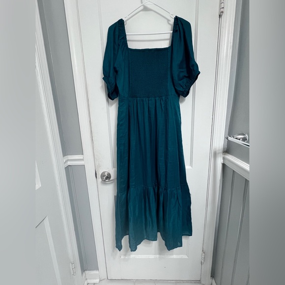 Garnet Hill Linen Teal Puff Sleeve Midi Dress - Picture 5 of 5